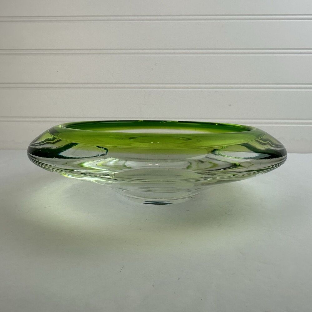 Bengt Orup Art Glass Green Clear Round Bowl Dish Hyllinge Glasbruk Signed 7.25"